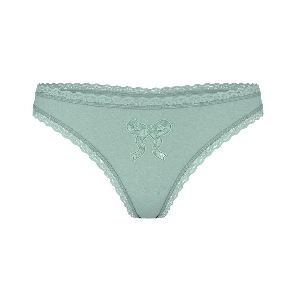 Victoria's Secret Lace Trim Cotton Lace Bow Thong Panty Green Stone L NEW - Picture 3 of 6